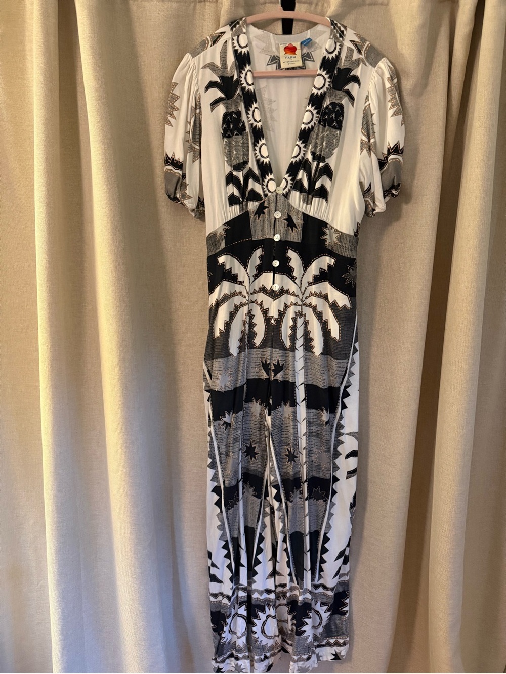 FARM Rio Black & White Printed Puff-Sleeve Jumpsuit